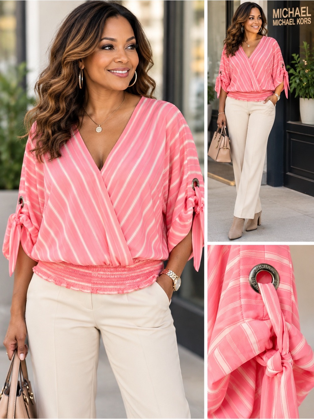 Michael Michael Kors Pink Striped Wrap Tie-Sleeve Blouse